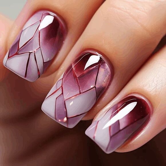 False Nails 24 Piece Burgundy wine white medium length square tip press on nails - Picture 8 of 8